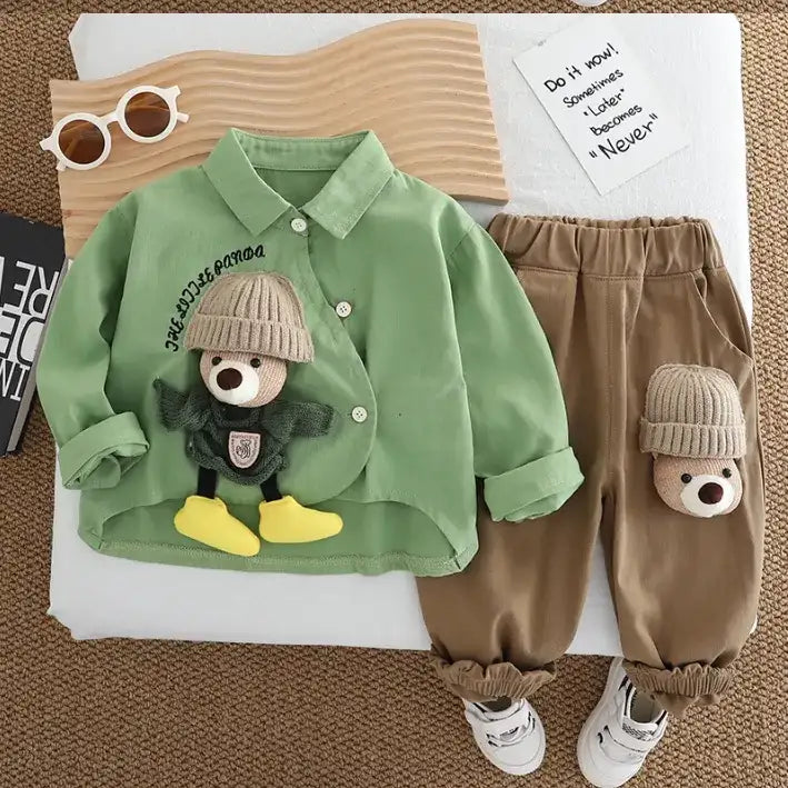 Boys Bear Design Outfit Set with Green Shirt & Brown Pants | 1β6 Years